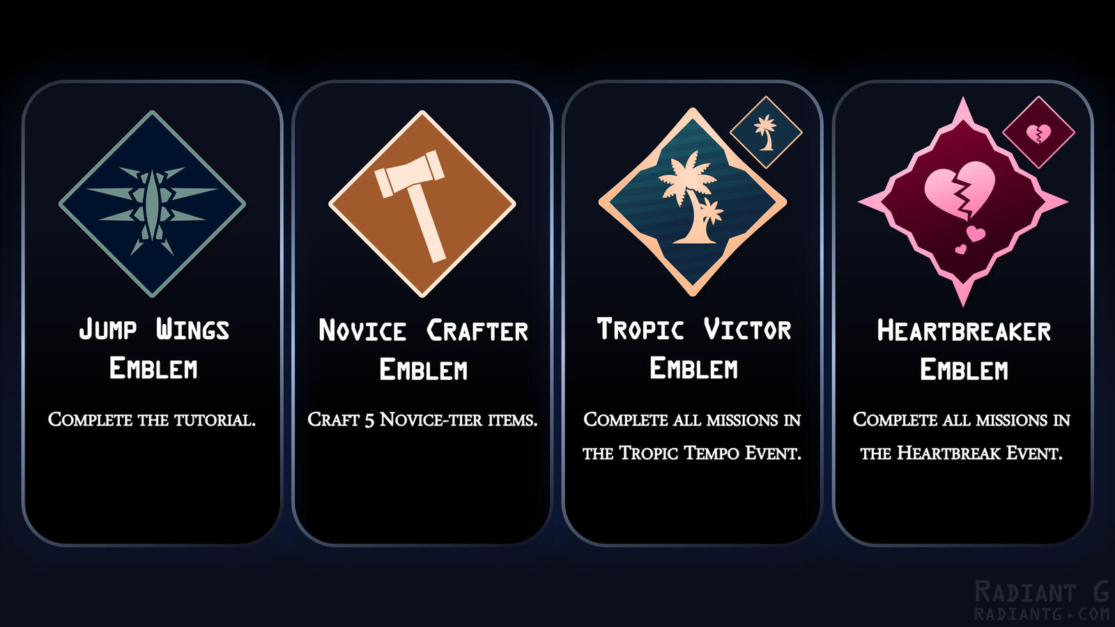 UI art showing 4 icons: Jump Wings, Novice Crafter, Tropic Victor, and Heartbreaker