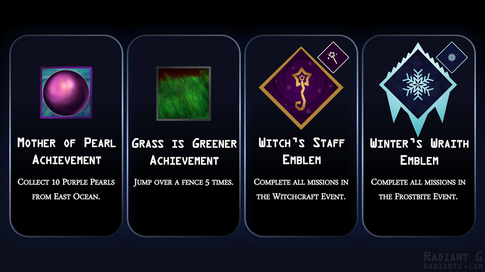 UI art showing 4 icons: Mother of Pearl, Grass is Greener, Witch's Staff, Winter's Wraith
