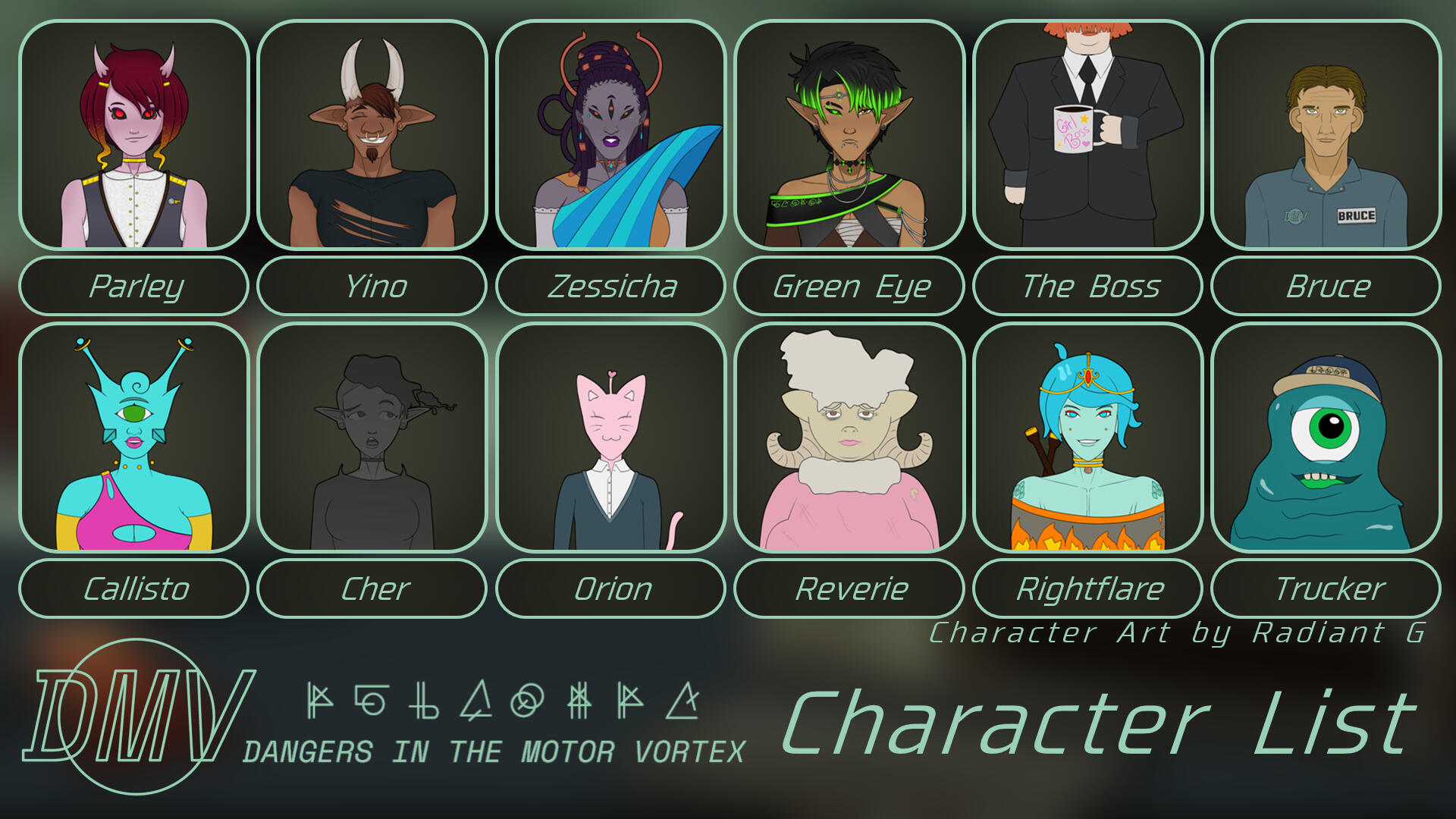 All 12 cast members original designs from Dangers in the Motor Vortex